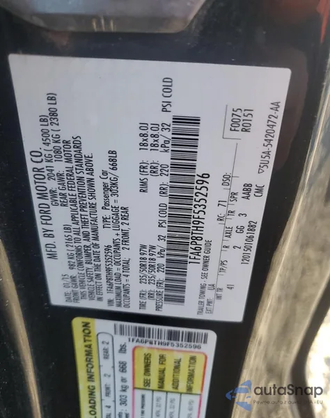 2015 Ford Mustang z USA, uszkodzony, nr VIN 1FA6P8TH9F5352596